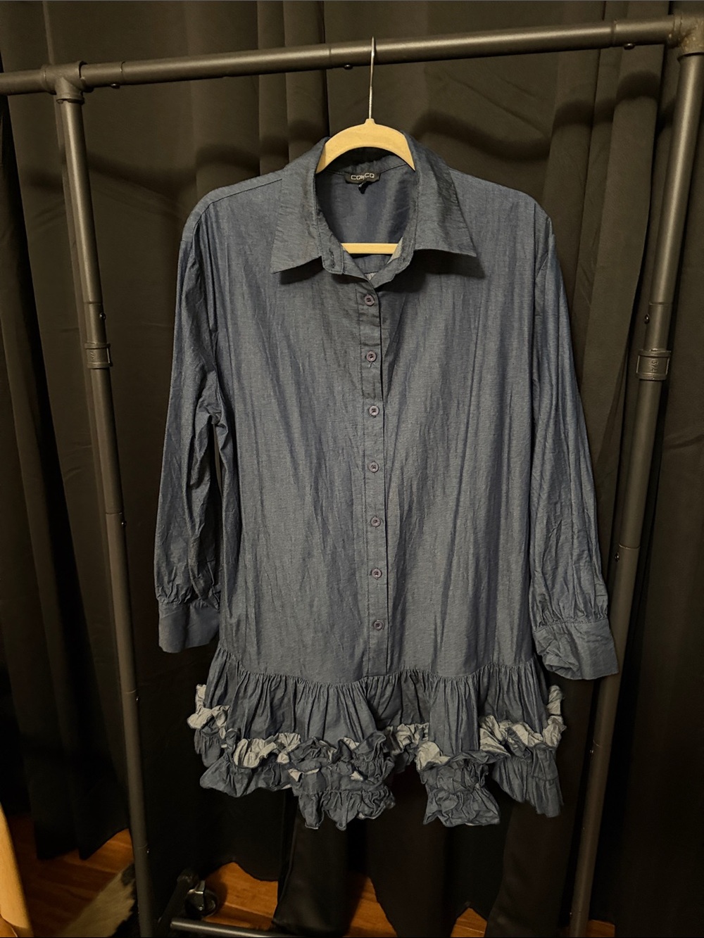 CO by CO M/L Chambray Ruffle Hem Button Down Tunic Top